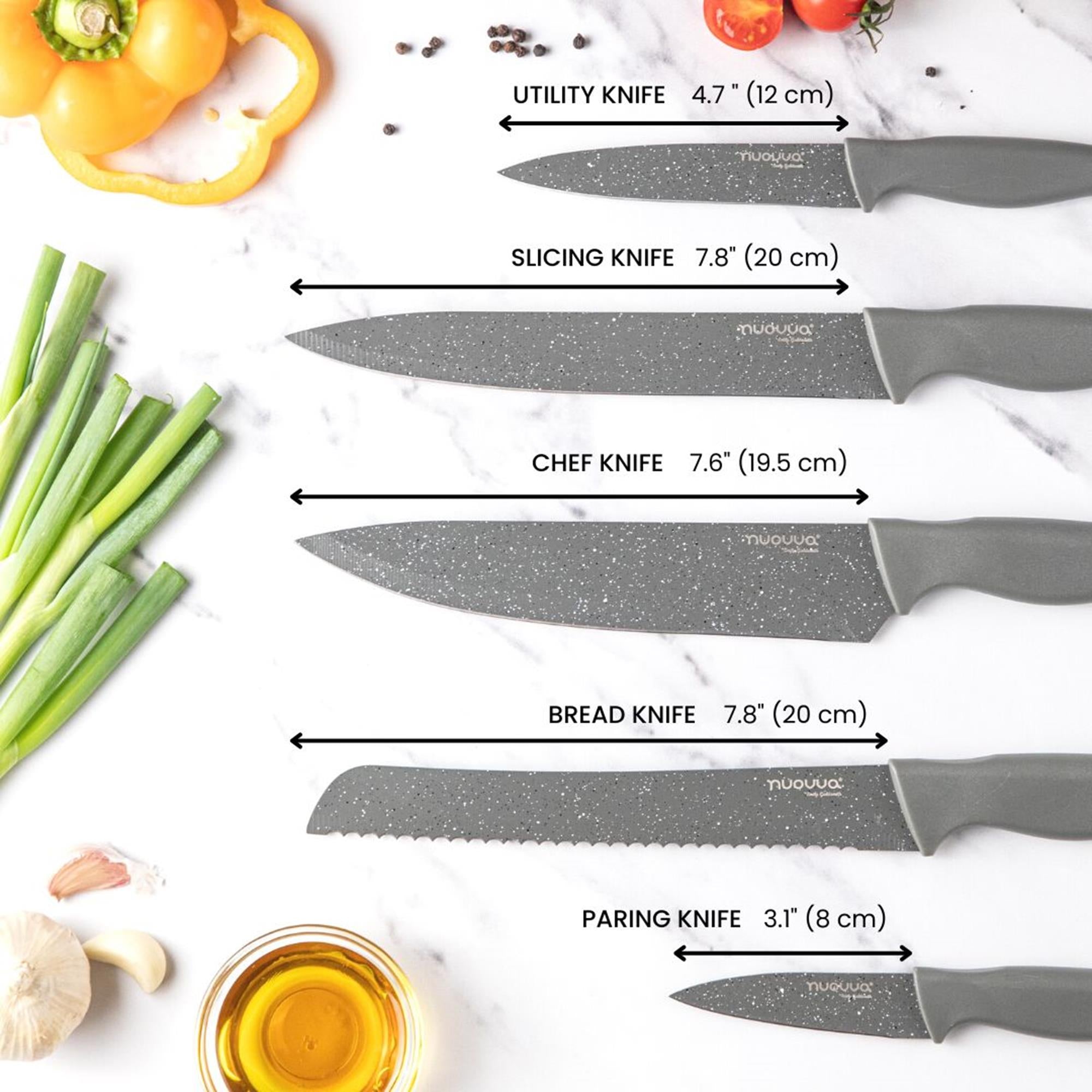 Nuovva 5pcs kitchen knife set including 4.7" utility knife, 7.8" slicing knife, 7.6" chef knife, 7.8" bread knife and 3.1" paring knife. 