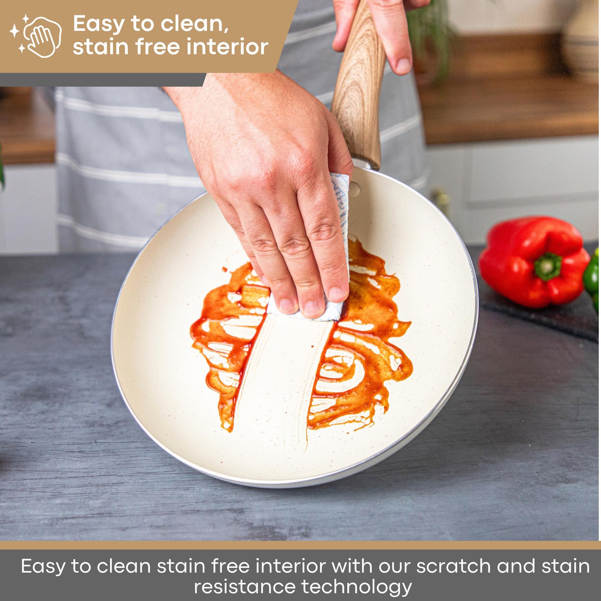 Nuovva cream granite cookware set is easy to clean with scratch free and stain free technology for easy maintenance. 