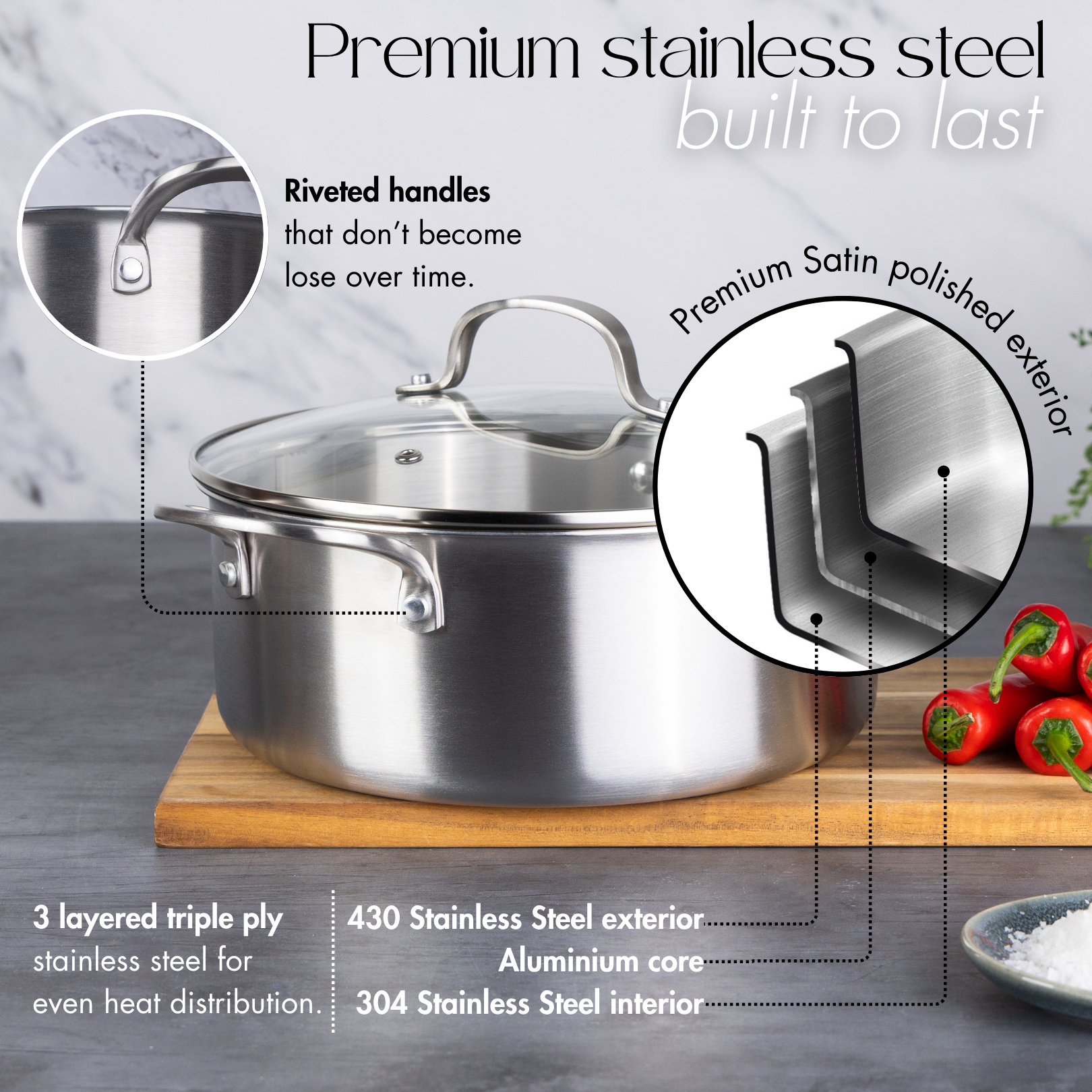Premium satin polished stainless steel casserole pot with riveted handles and triple-ply for even heat distribution. 
