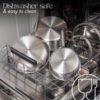Dishwasher safe stainless steel cookware set with glass lids. 
