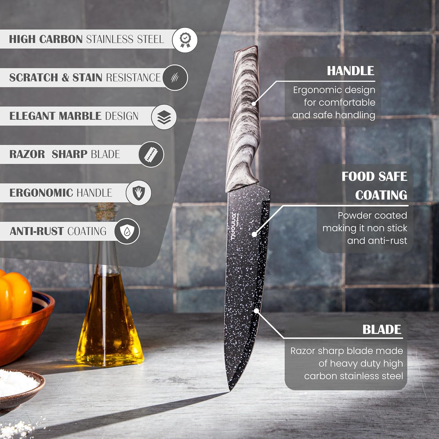 Nuovva grey granite high carbon stainless steel kitchen knives with food safe coating, scratch & stain resistant stainless steel blade.