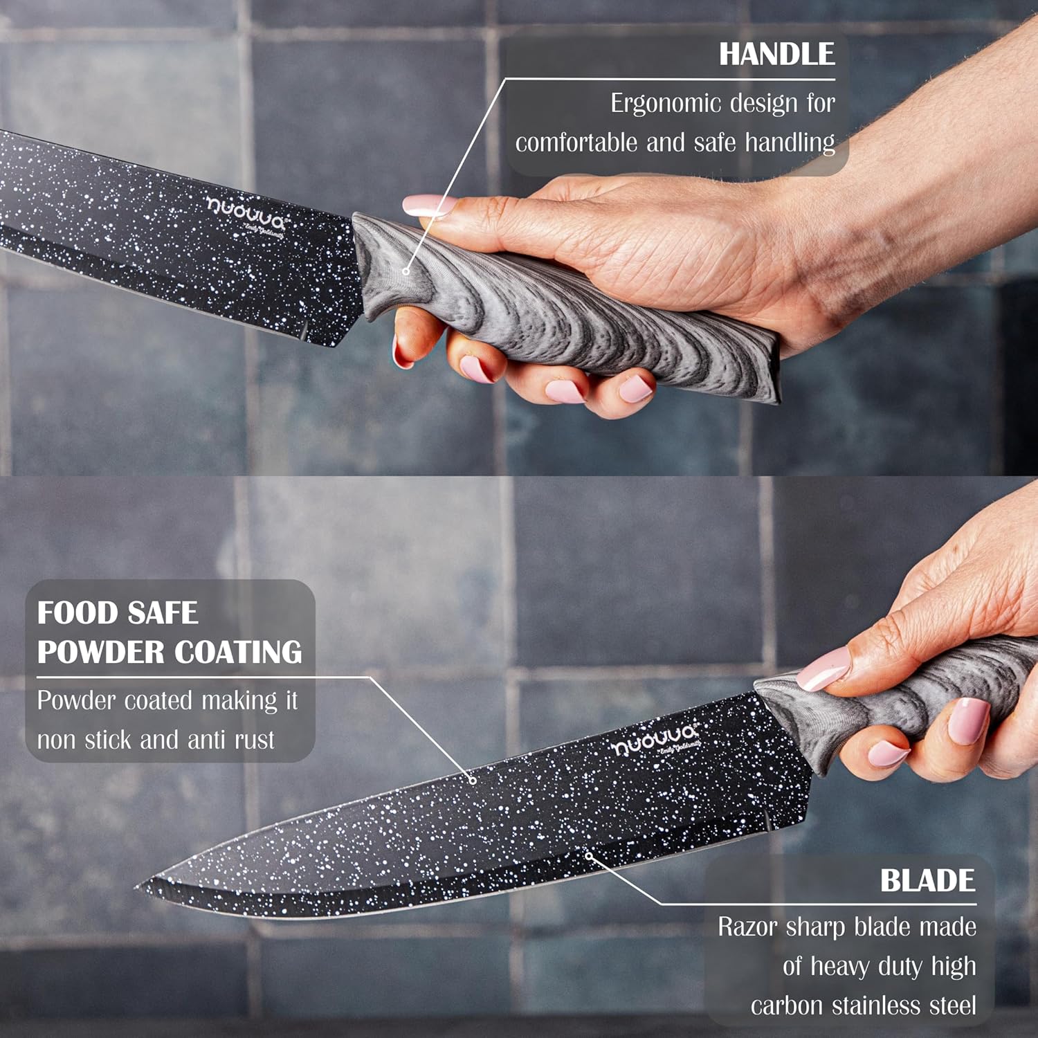 Nuovva grey granite kitchen knives with food safe powder coating, stainless steel razor sharp blade and ergonomic handle for safe and comfortable use. 