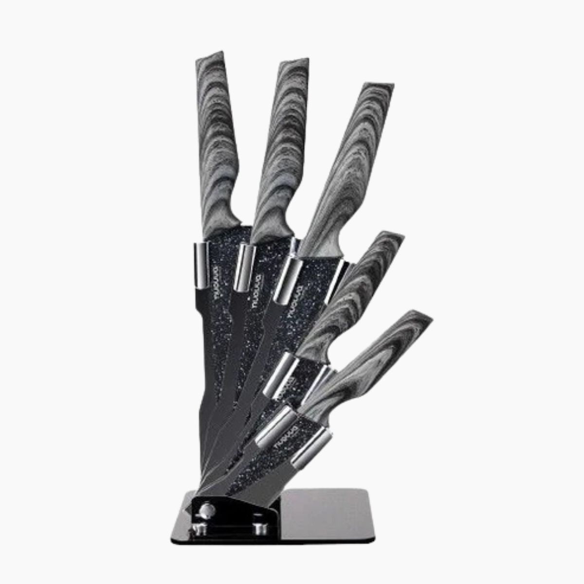 nuovva grey granite 5 pieces sharp kitchen knife set with acrylic block.