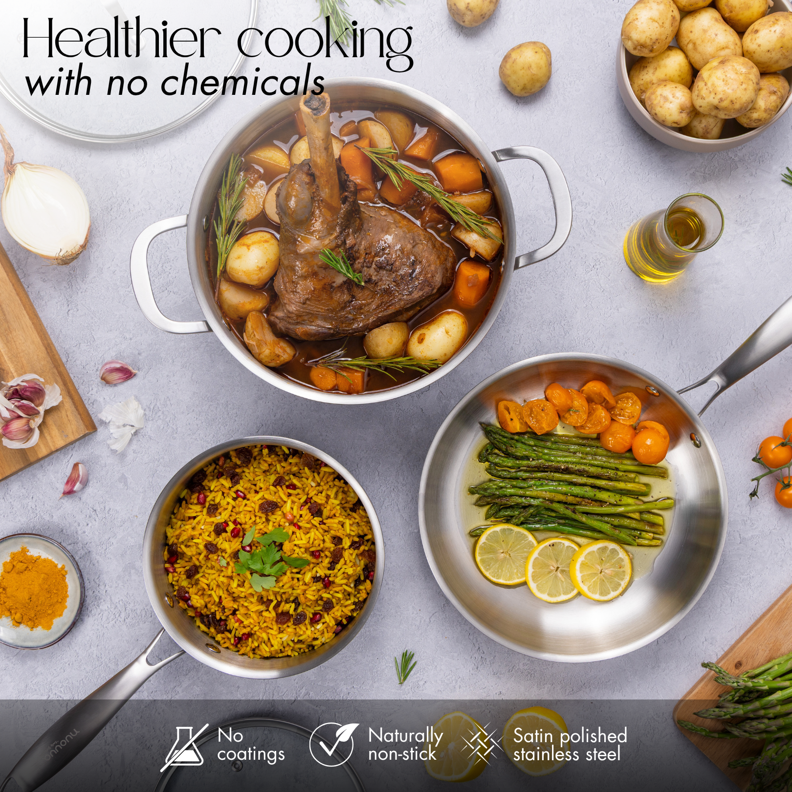 Healthy cooking with satin polished stainless steel cookware set including casserole pot, frying pan and saucepans. 