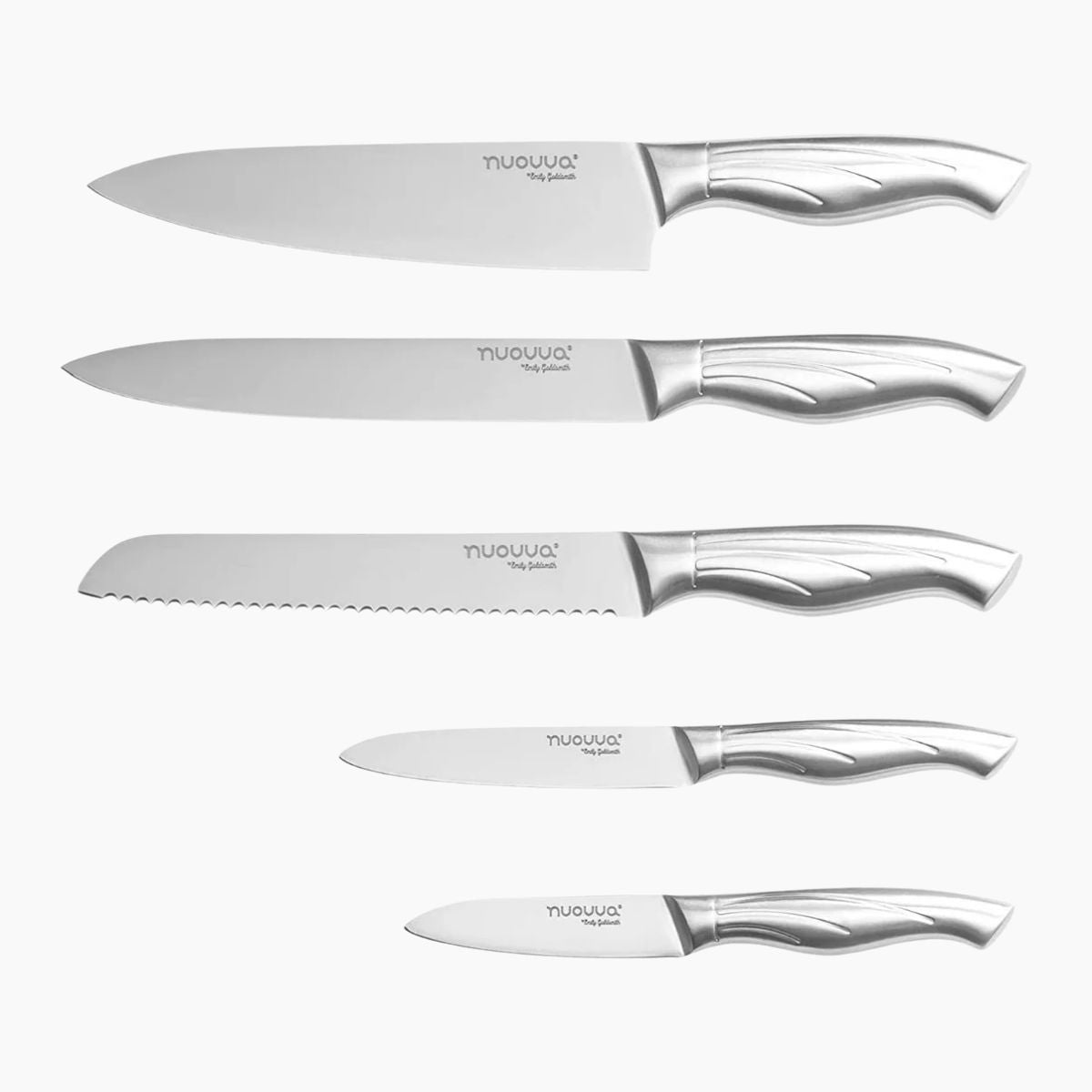 Nuovva set of 5 stainless steel knives including bread knife, chefs knife, slicing knife, utility knife and paring knife. 