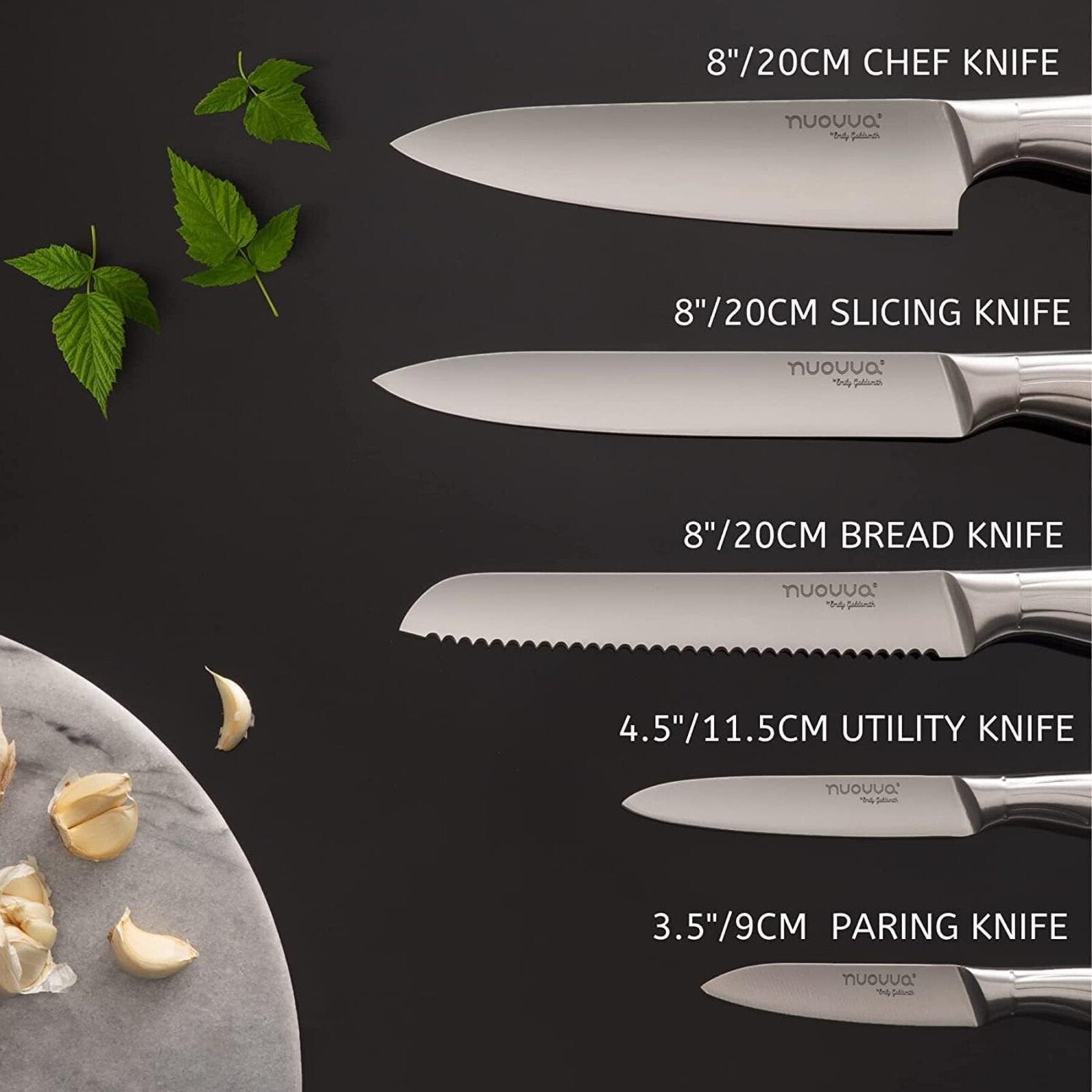 Nuovva stainless steel kitchen knife set includes a chef knife, slicing knife, bread knife, utility knife and paring knife. 