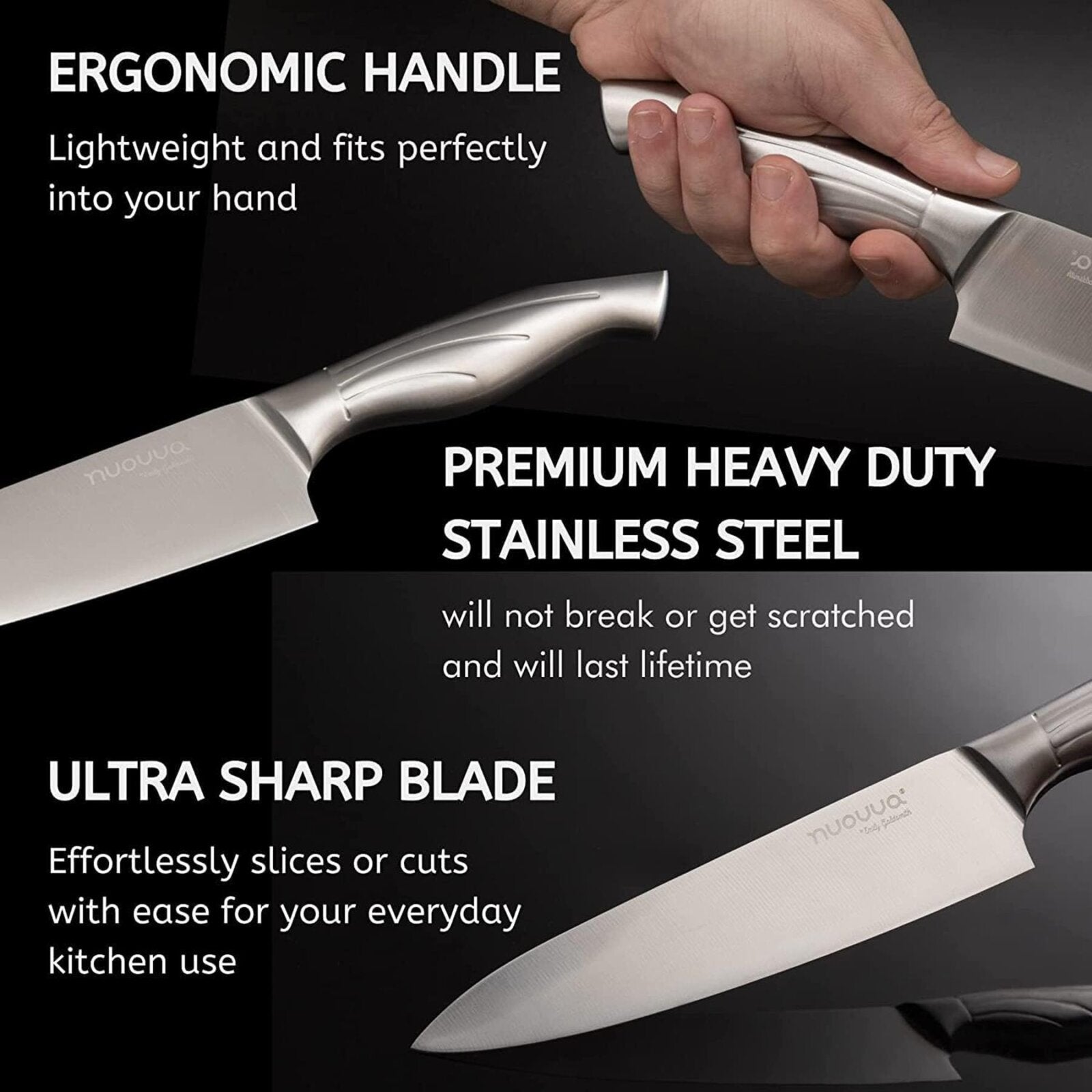 Nuovva stainless steel knife set features ergonomic handle, premium heavy duty stainless steel and an ultra sharp knife blade