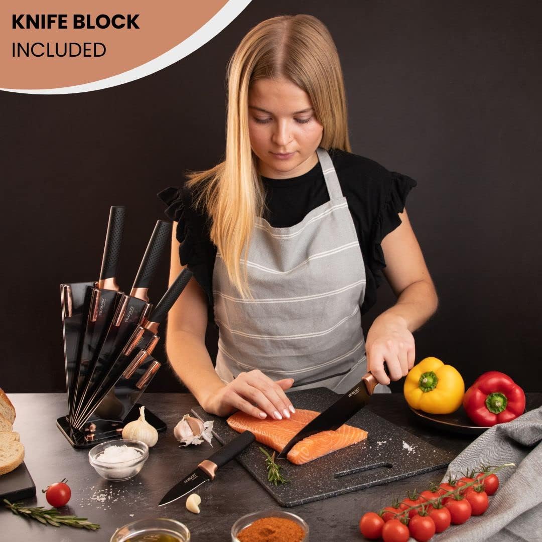 5 Pieces Sharp Kitchen Knife Set with Acrylic Block - Copper
