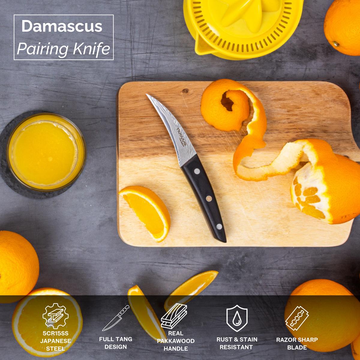 Nuovva Japanese Damascus steel paring knife with full tang design, real Pakkawood handle and stain resistant razor sharp blade