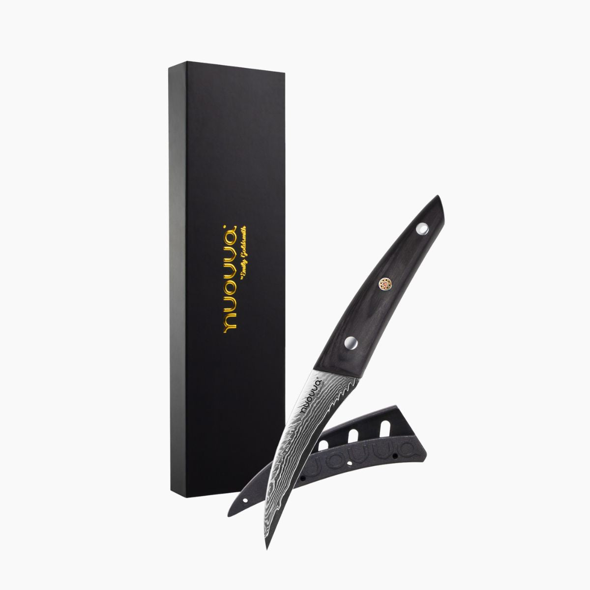 3.5inch Damascus steel paring knife with rosewood handle, protective sheath and packaging. 