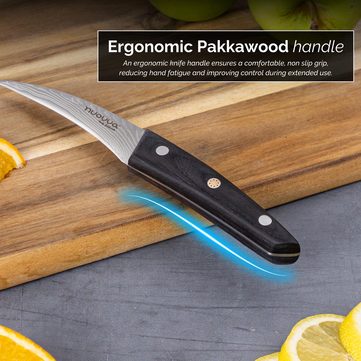 Nuovva Damascus steel Japanese knife with Pakkawood handle for non-slip grip. 