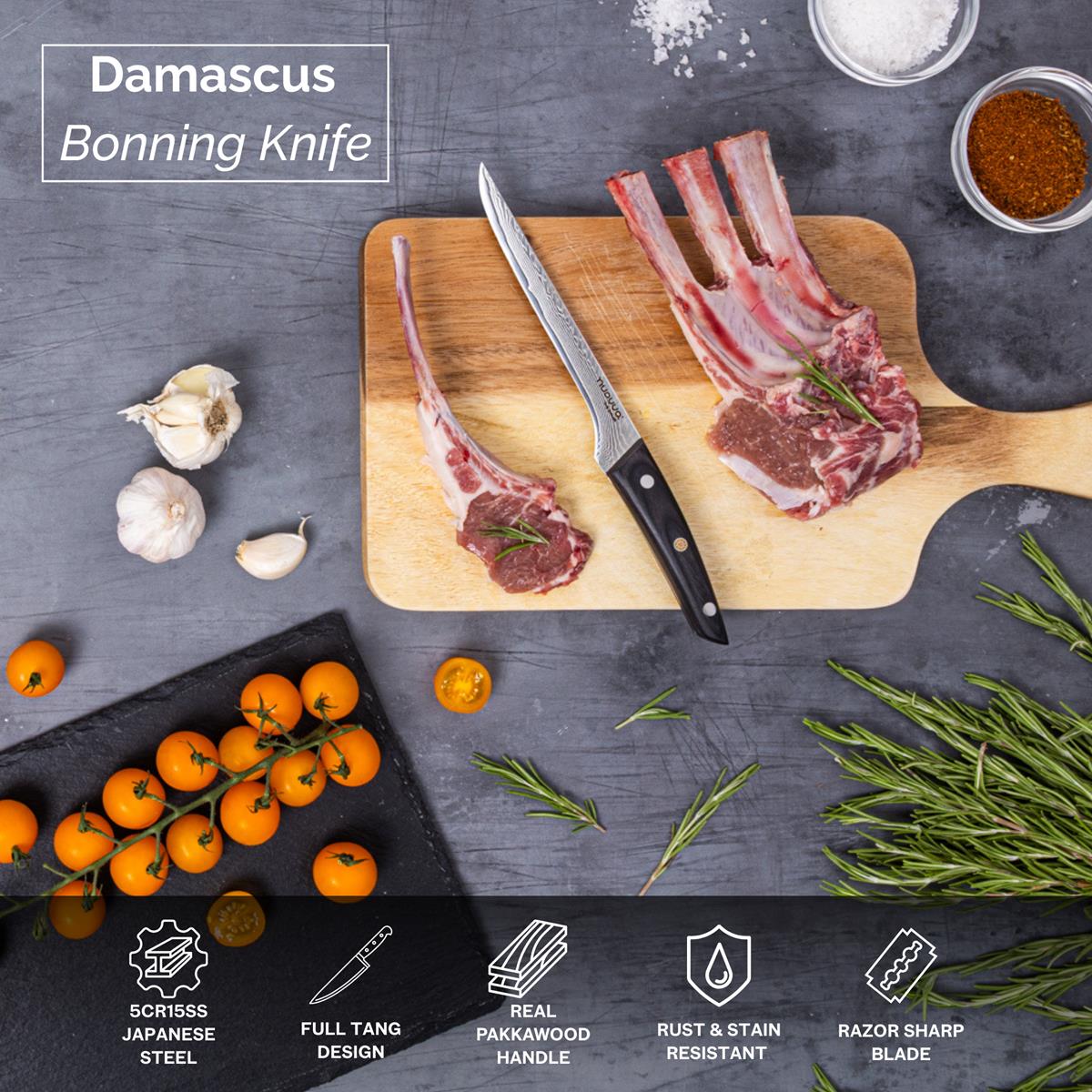 6 inch Damascus boning knife with Japanese steel, pakkawood handle and razor sharp blade. 