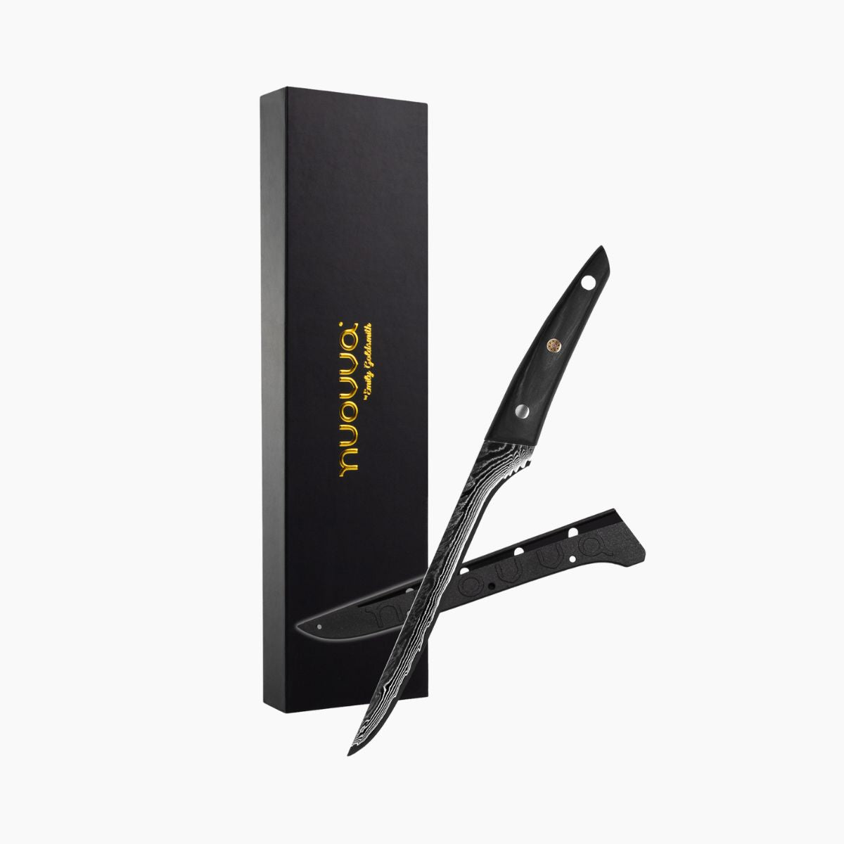 Nuovva Damascus steel boning knife with Rosewood handles, protective sheath and packaging 