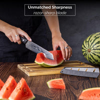 Nuovva Damascus steel filleting knife has unmatched sharpness with razor sharp blade and protective sheath. 