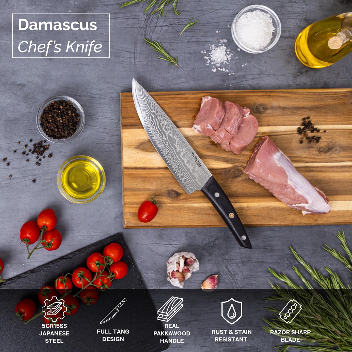 Nuovva Damascus Chefs Knife with Japanese steel, full tang design and real Pakkawood handles