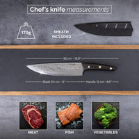Nuovva 170g Damascus style Japanese chefs knife with protective sheath for meat, fish and vegetable slicing