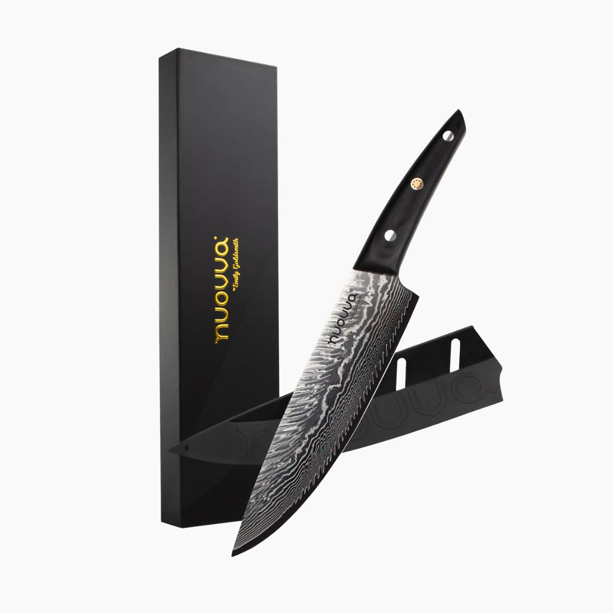 Nuovva Damascus style Japanese Chefs knife with Pakkawood handle, protective sheath and sleek packaging. 