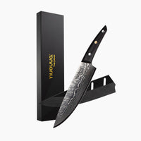 Nuovva Damascus style Japanese Chefs knife with Pakkawood handle, protective sheath and sleek packaging. 