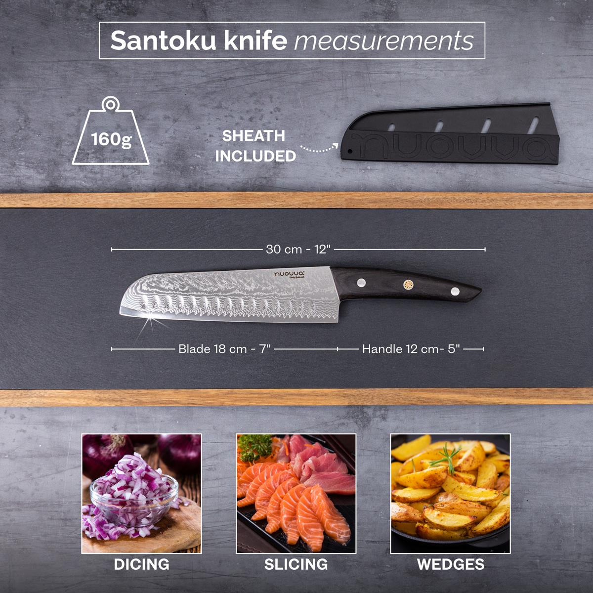 Nuovva Japanese Santoku knife with protective sheath for dicing and slicing foods. 