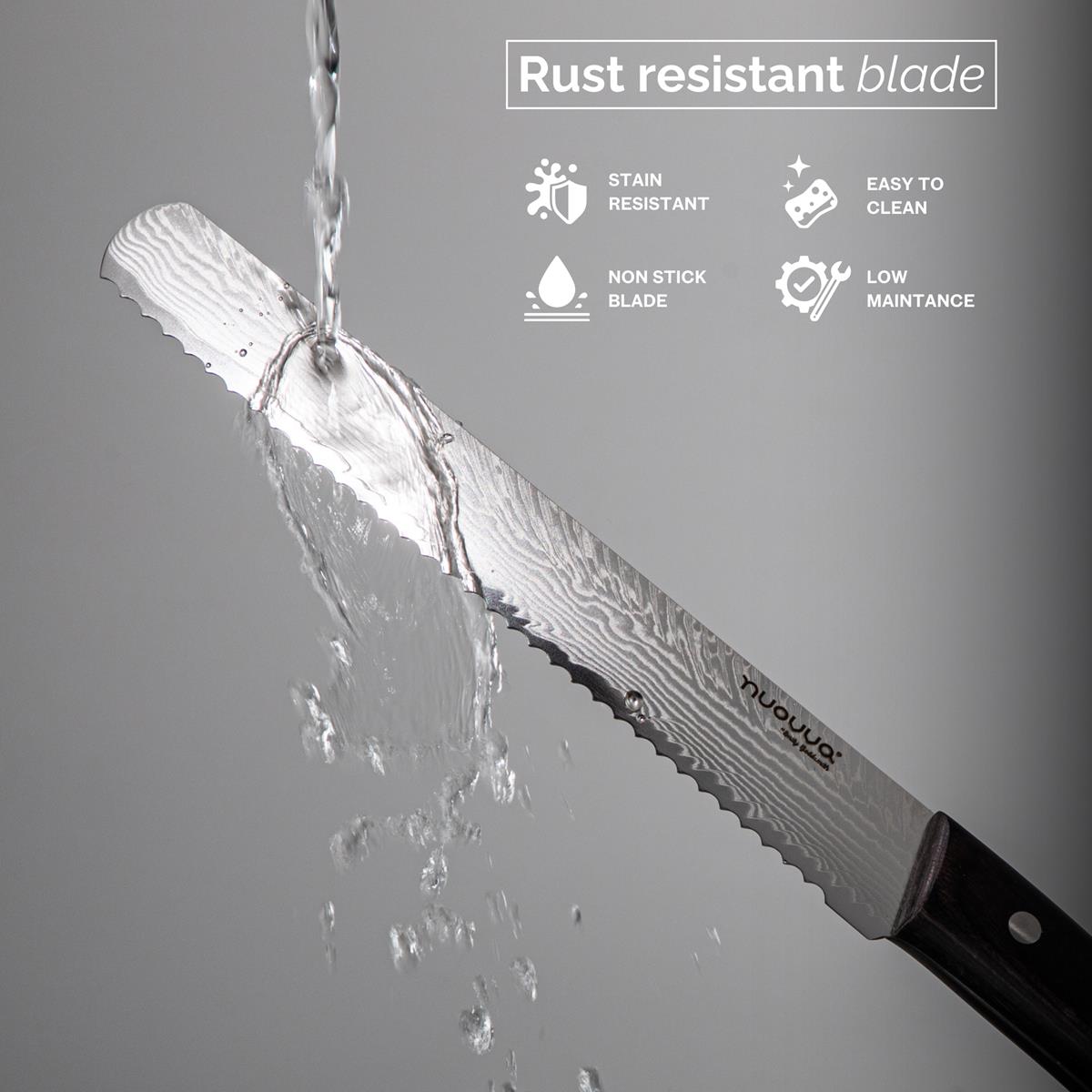 Nuovva Damascus style Japanese knife with rust & stain resistant blade - easy to clean and low maintenance.  