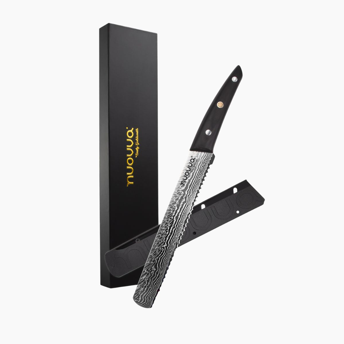 Nuovva Damascus style Japanese serrated bread knife with protective sheath and sleek packaging. 