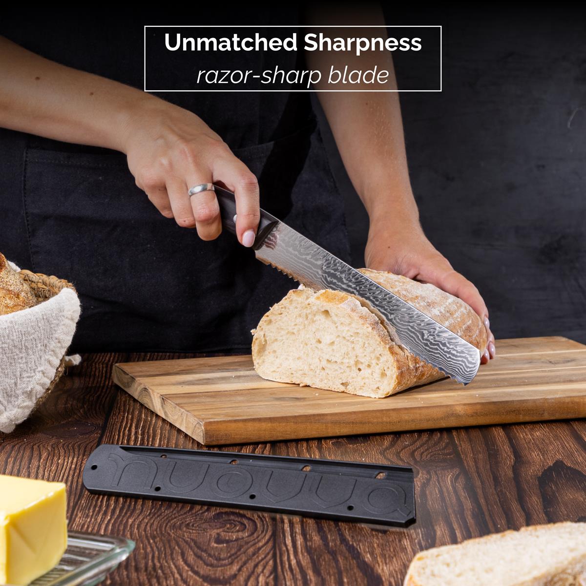 Nuovva Damascus steel Japanese bread knife with razor sharp blade and protective sheath