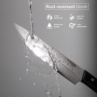 Nuovva Damascus style Japanese knife with easy to clean, stain & rust resistant blades for low maintenance. 