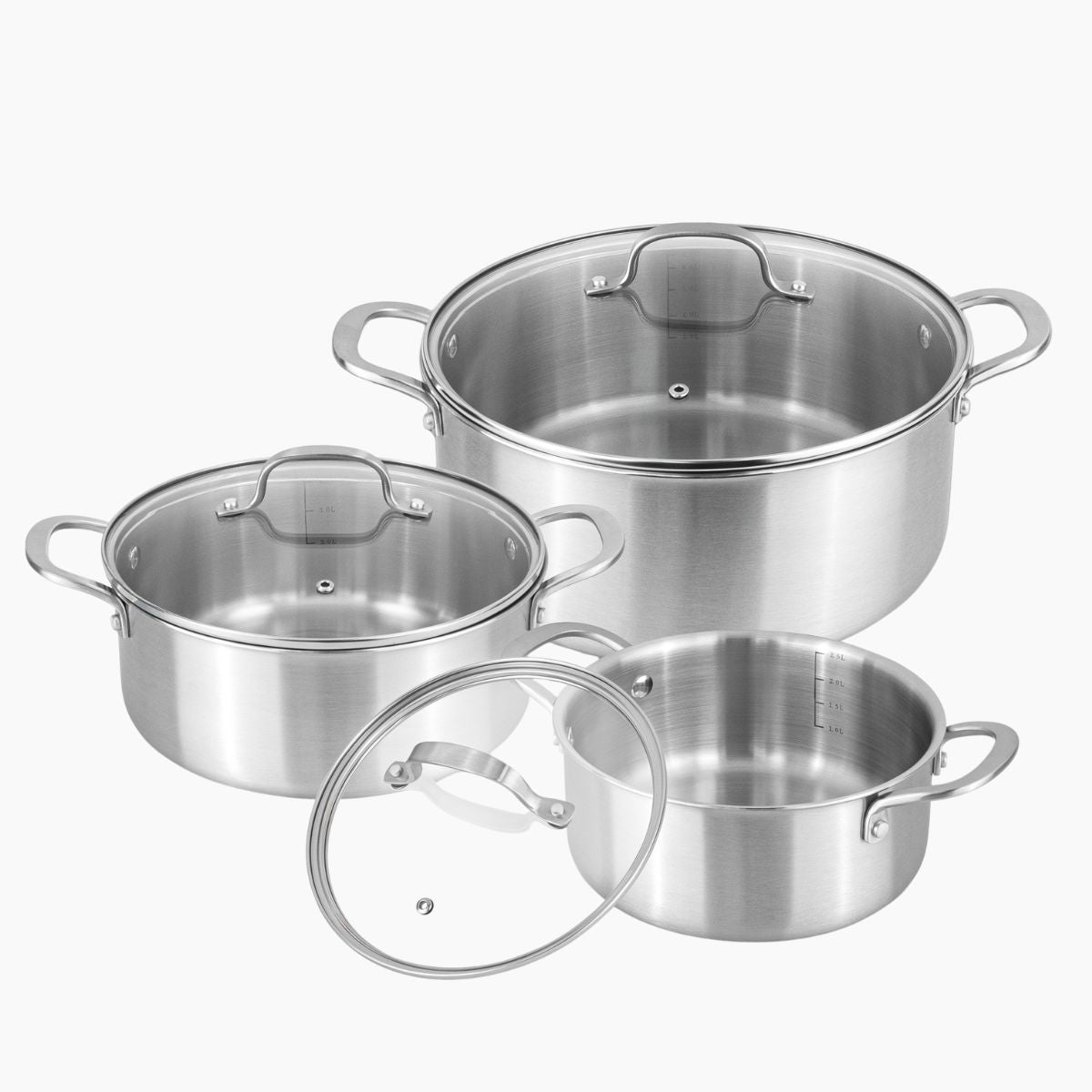 Set of 3 stainless steel casserole pots with glass lids and metal handles