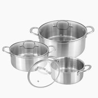 Set of 3 stainless steel casserole pots with glass lids and metal handles