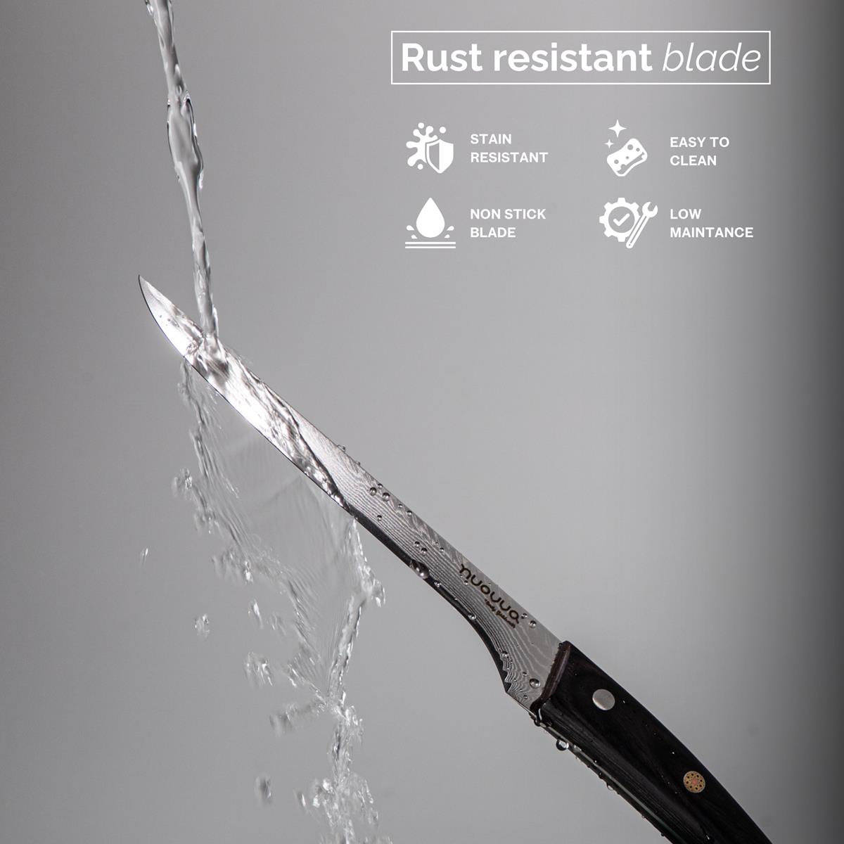 Damascus steel boning knife with rust resistant blades, low maintenance with non-stick blades which are easy to clean and are stain resistant. 