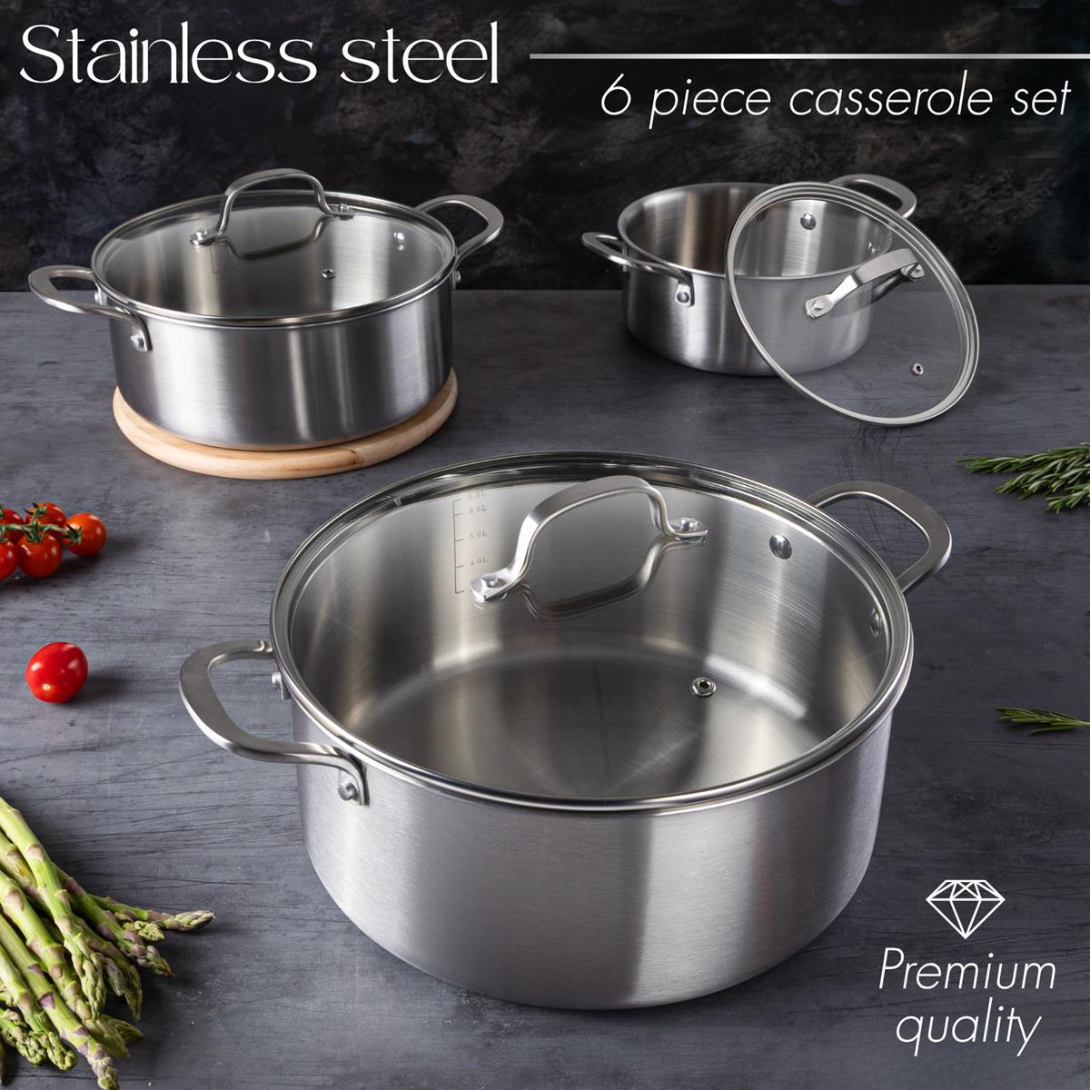 6pcs  premium quality stainless steel casserole pot set with glass lid