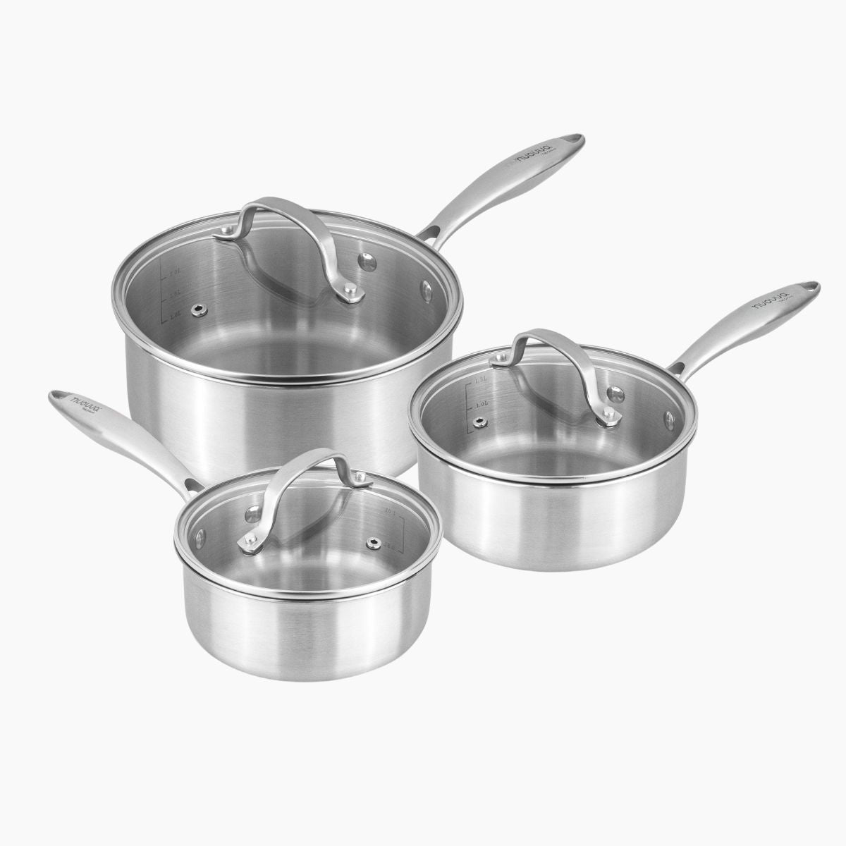 Stainless steel saucepan set with glass lids and metal handles. 