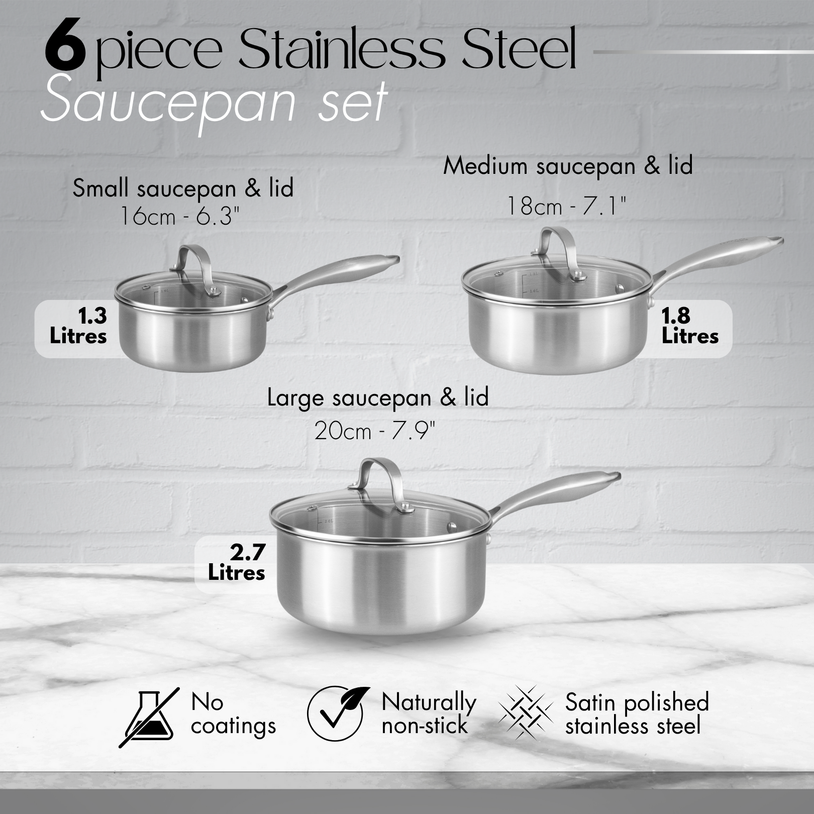 6pcs stainless steel cookware set includes  non-stick 16cm saucepan, 18cm saucepan and 20cm saucepan with lids. 