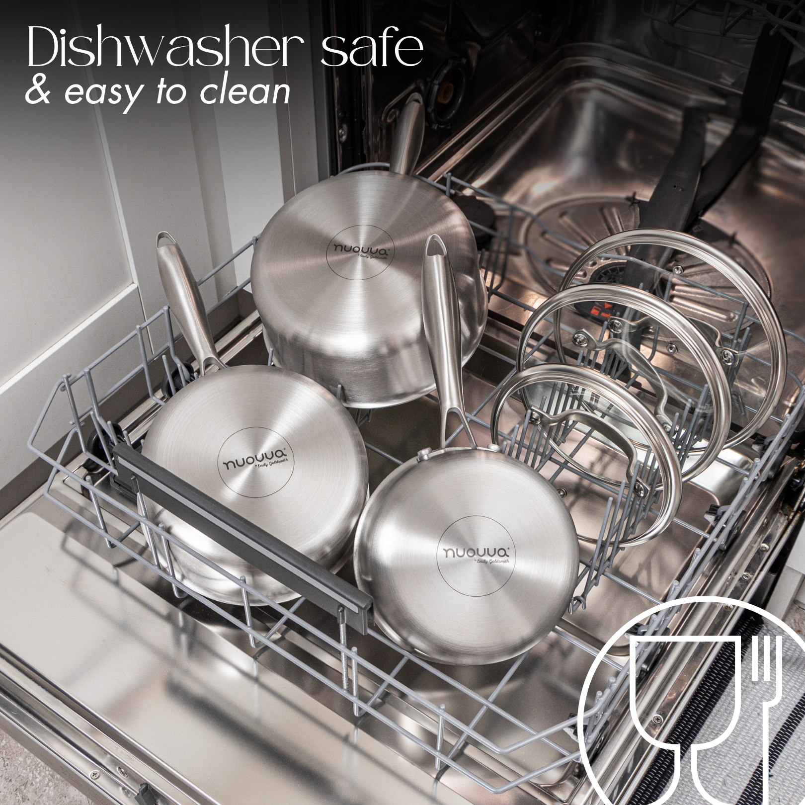 Dishwasher safe stainless steel saucepans with glass lids. 