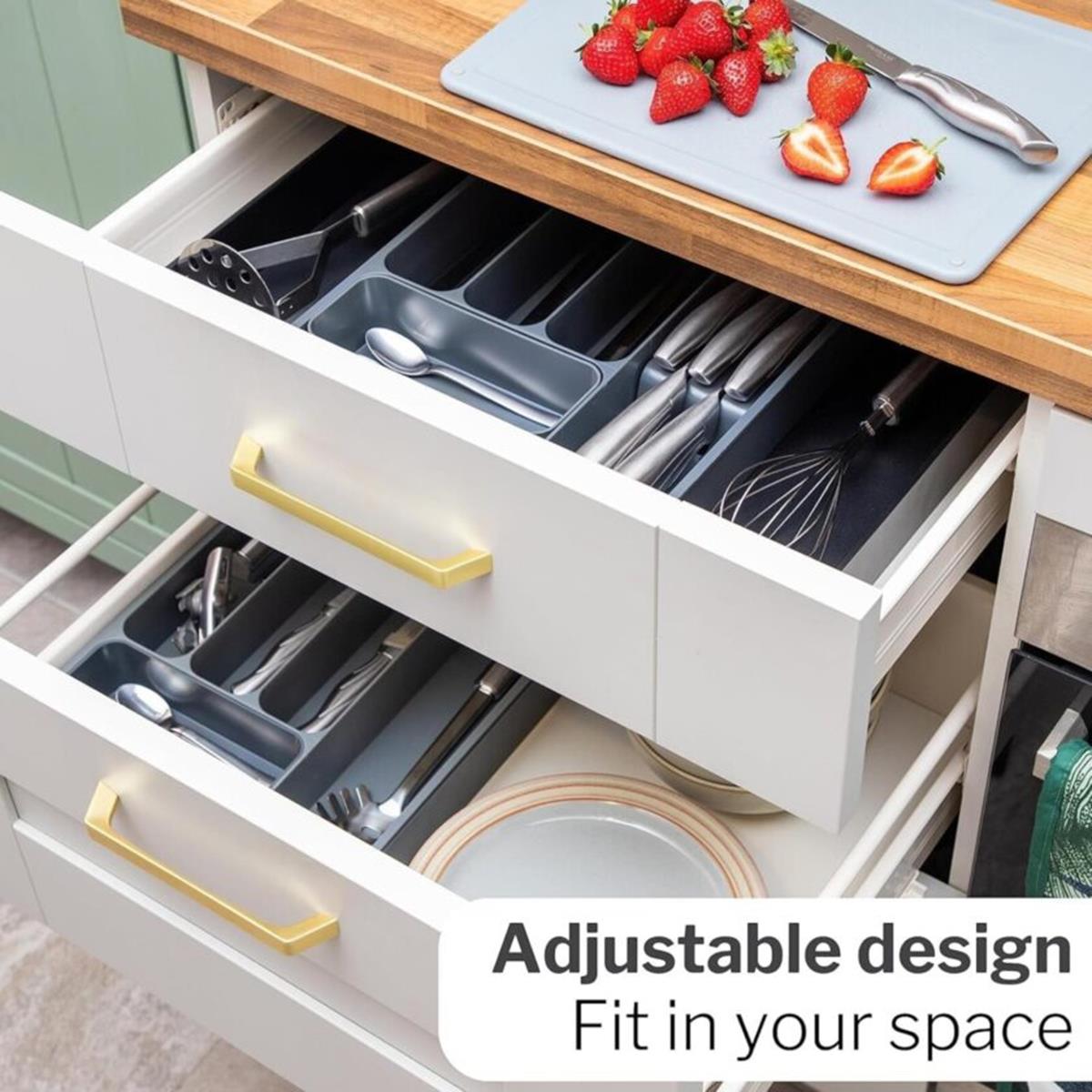 Adjustable Cutlery Drawer Organizer – Expandable Utensil Tray - Black & Grey