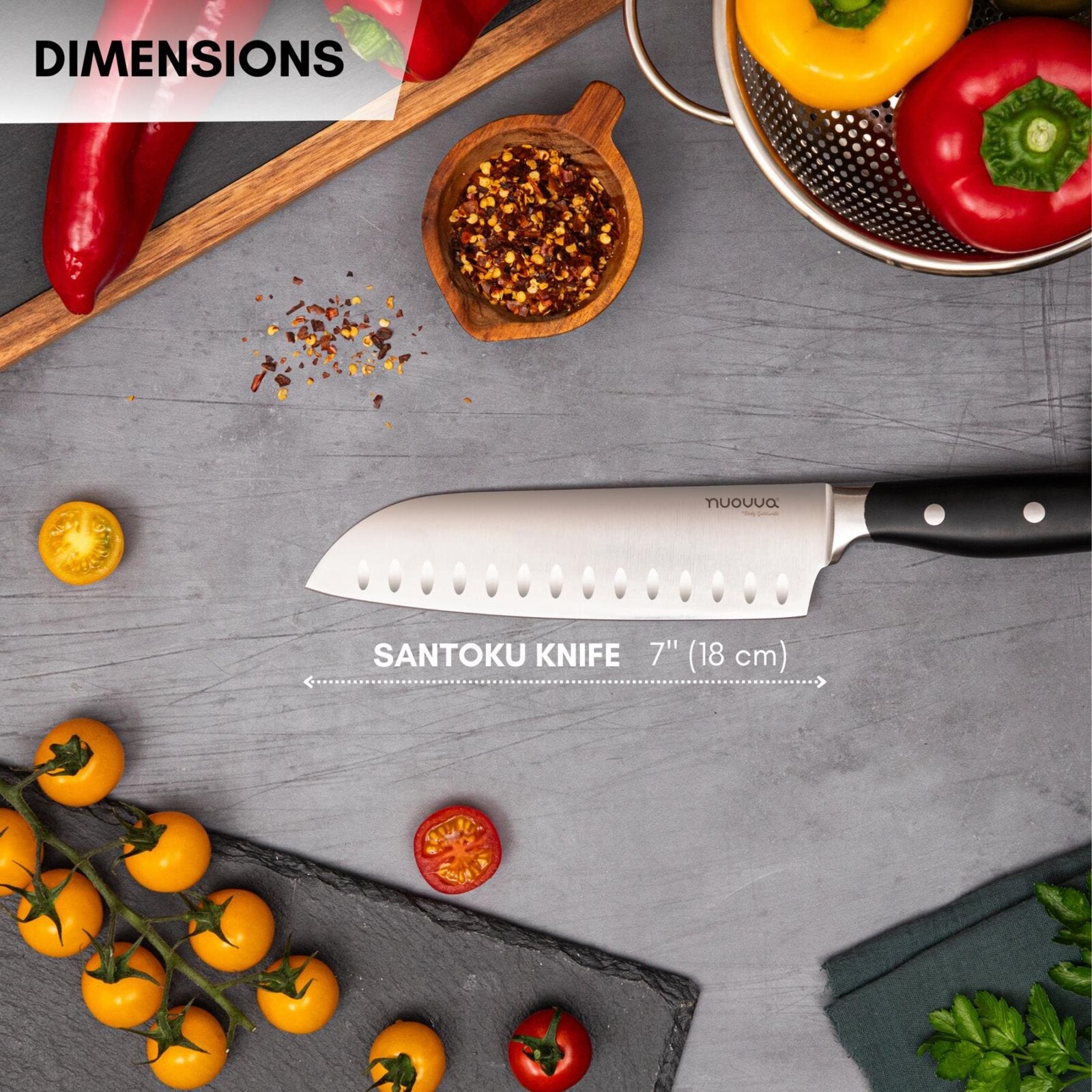 Dimensions for high carbon stainless steel santoku knife - 7inch blade. 