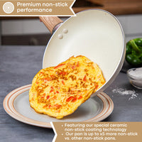 Cream cookware with ceramic coating for premium non-stick cooking performance. 