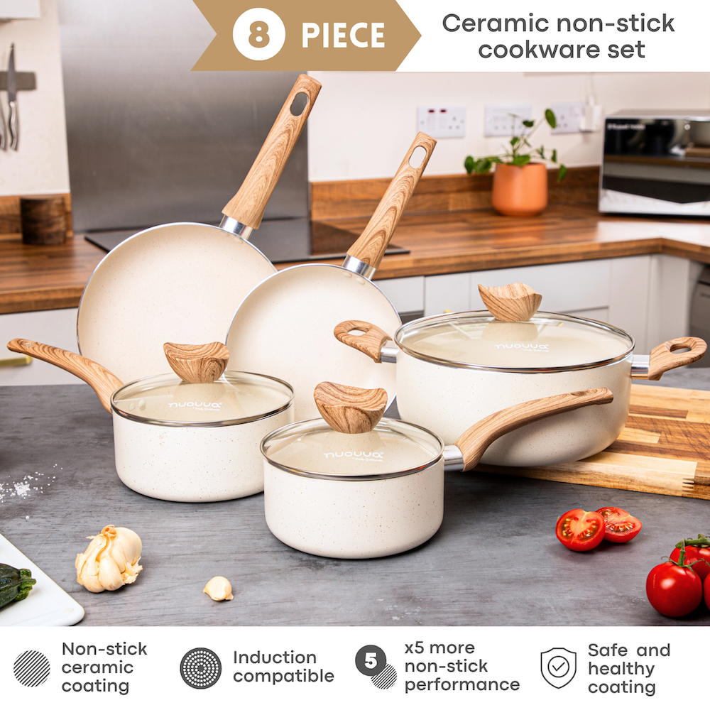 Nuovva cream granite 8pcs induction compatible cookware set with a ceramic safe and healthy coating. 