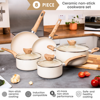 Nuovva cream granite 8pcs induction compatible cookware set with a ceramic safe and healthy coating. 