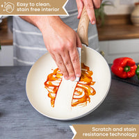Cream granite frying pans with easy to clean stain free interior with a scratch and stain resistant technology. 