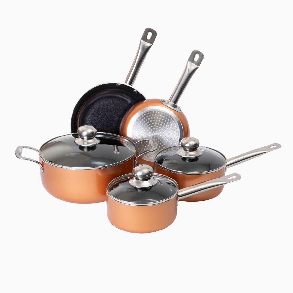 Nuovva copper cookware set includes frying pans, saucepans and stock pots with glass lids and stainless steel handles. 