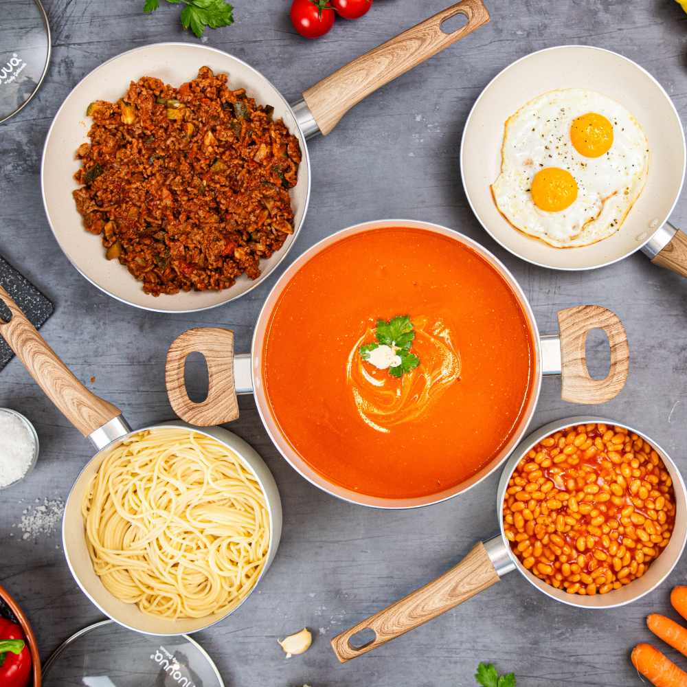 Nuovva 8pcs cream granite cookware set includes induction frying pans, stick pot with glass lid and saucepan with glass lid and wooden handles. 