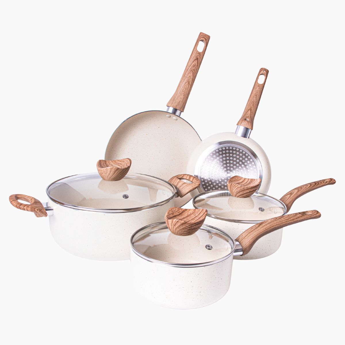 Nuovva cream granite cookware set with induction saucepans, frying pans and stock pots. 
