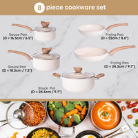 Nuovva cream granite 8 pieces cookware set includes 6.5" sauce pan, 7.3" saucepan, 9.7" stockpot, 8.6" frying pan and a 9.7" frying pan