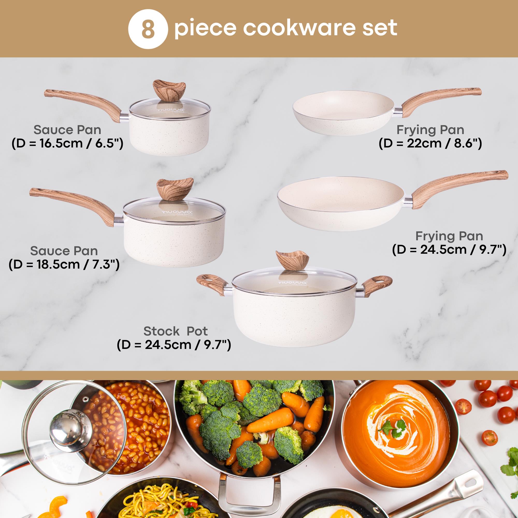 Nuovva cream granite 8 pieces cookware set includes 6.5" sauce pan, 7.3" saucepan, 9.7" stockpot, 8.6" frying pan and a 9.7" frying pan