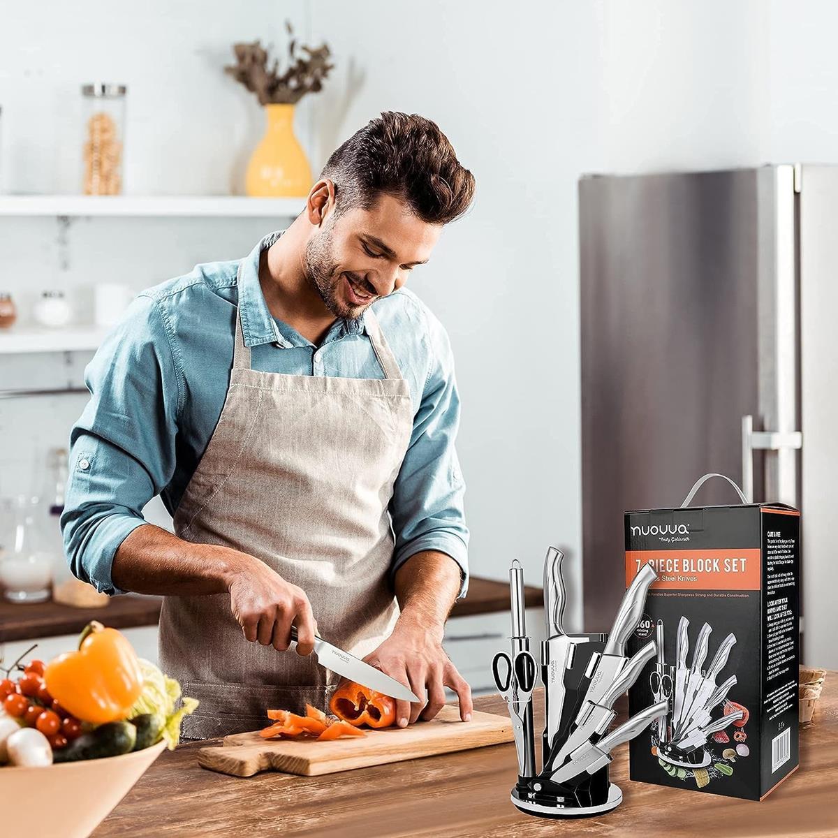 Stainless Steel Kitchen Knife Set with 360° Rotating Block - 7Pcs - Stainless Steel