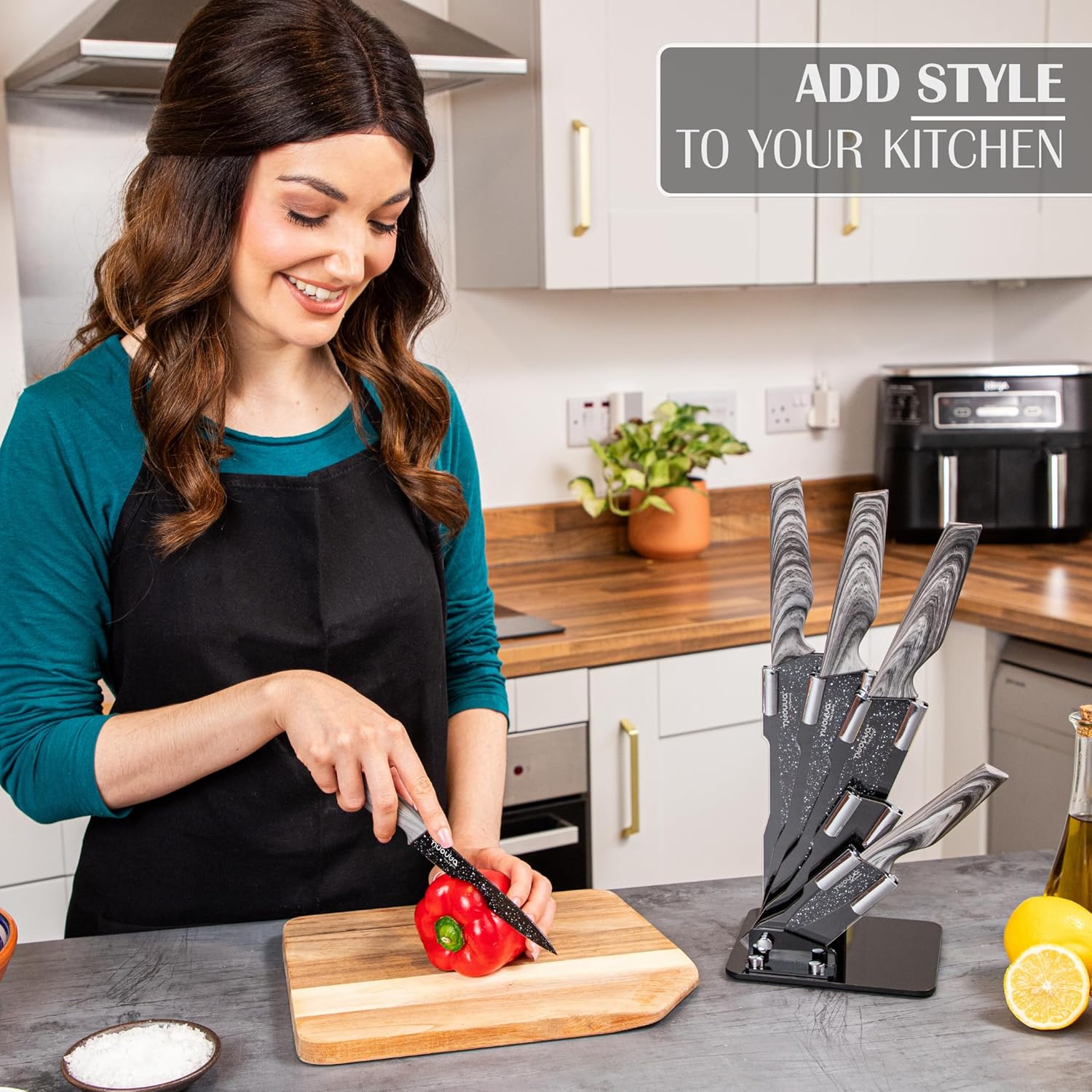 5 Pieces Sharp Kitchen Knife Set with Acrylic Block - Grey Granite