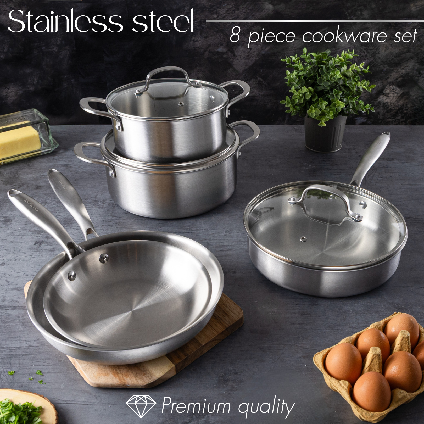 8pcs Stainless steel cookware set with glass lids. 