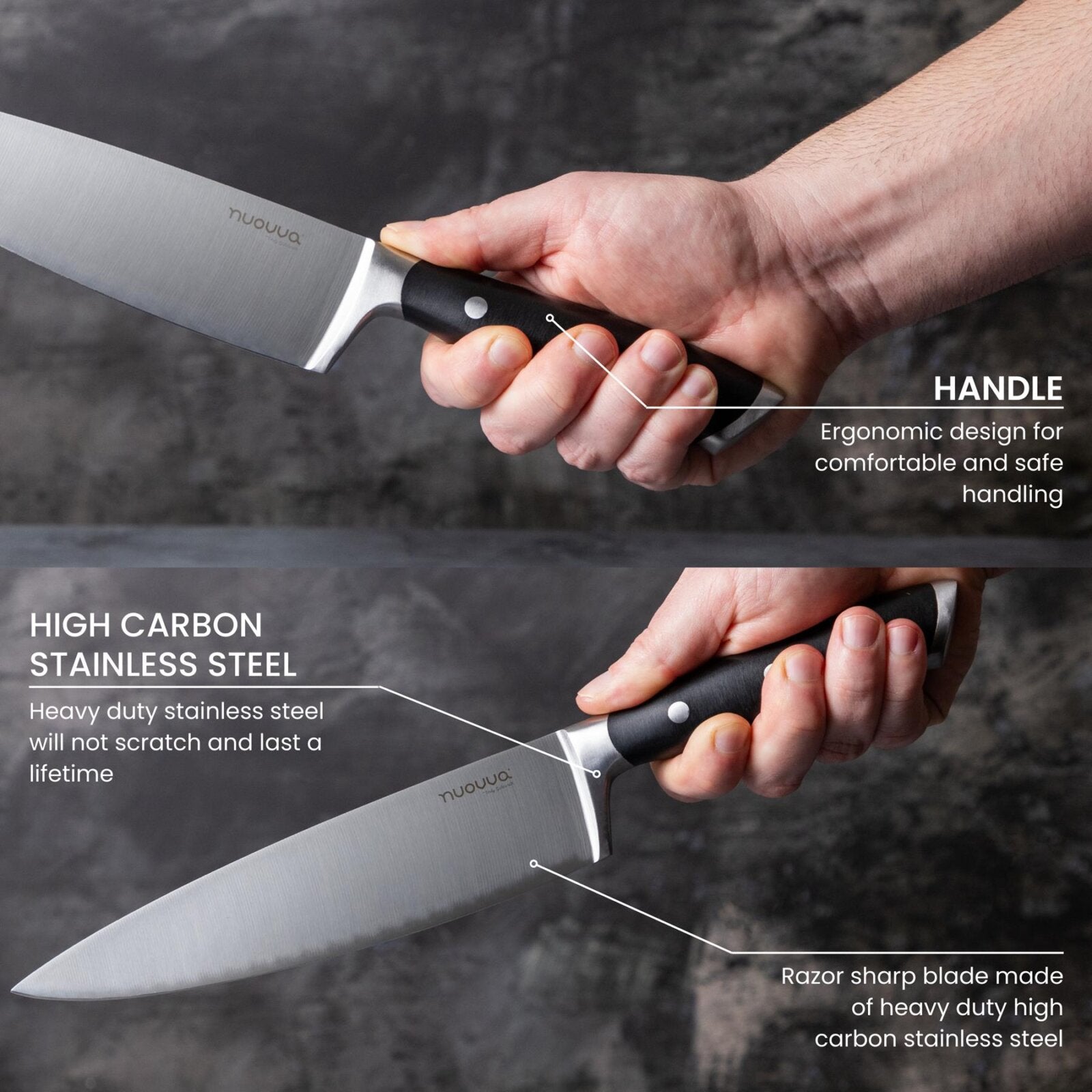 Nuovva high carbon stainless steel kitchen knife with razor sharp blade and ergonomic handle. 