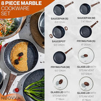 8pcs marble cookware set includes 2 saucepans, saucepot, 2 frying pans with glass lids 